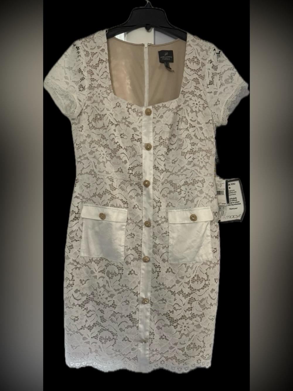 Adrianna Papell Ivory Lace Dress with Gold-Tone Buttons